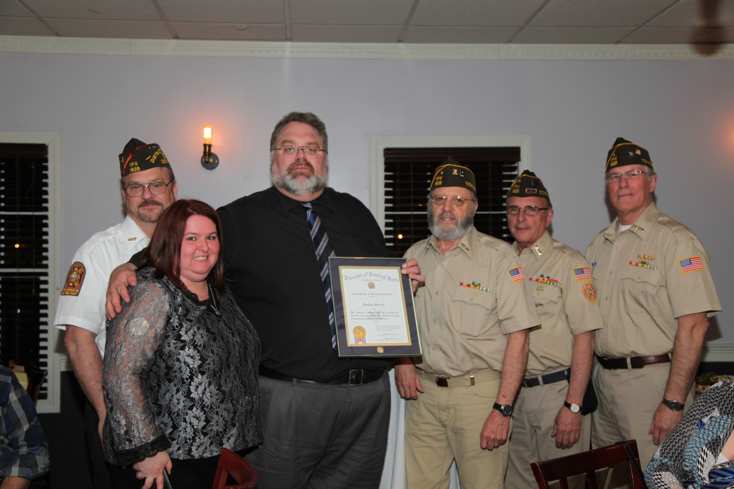 The Metacomet Post 1926, Veterans of Foreign Wars, Simsbury, CT
presents special certificate to Joshua Storm, Simsbury Volunteer Ambulance Association